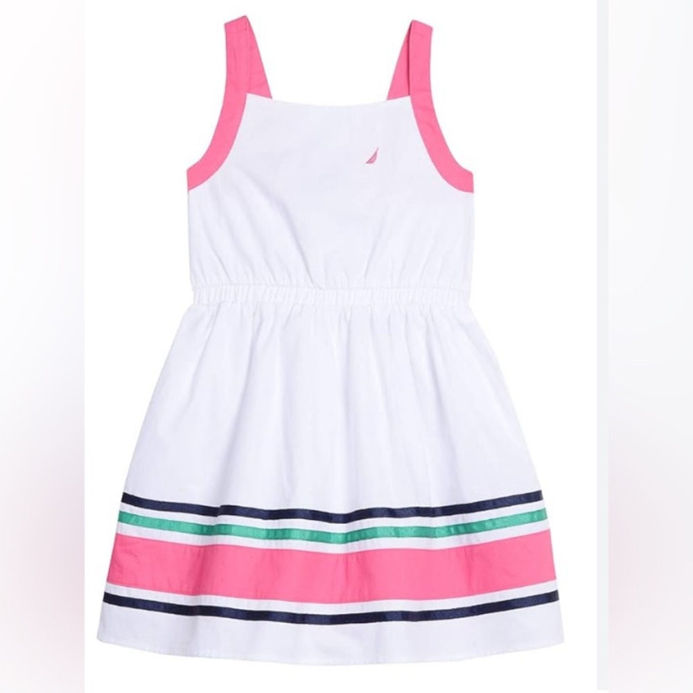 Girls’ white cotton Nautical dress with navy, pink, and green stripes + sweater